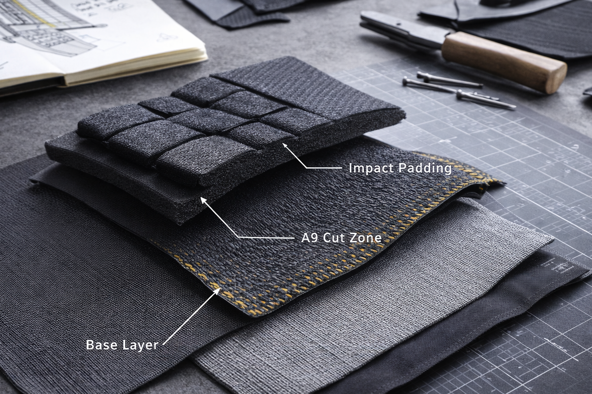 Exploded view of Bonderkage protective apparel layers showing base layer, A9 cut-resistant zone, and integrated impact padding during the design and engineering phase