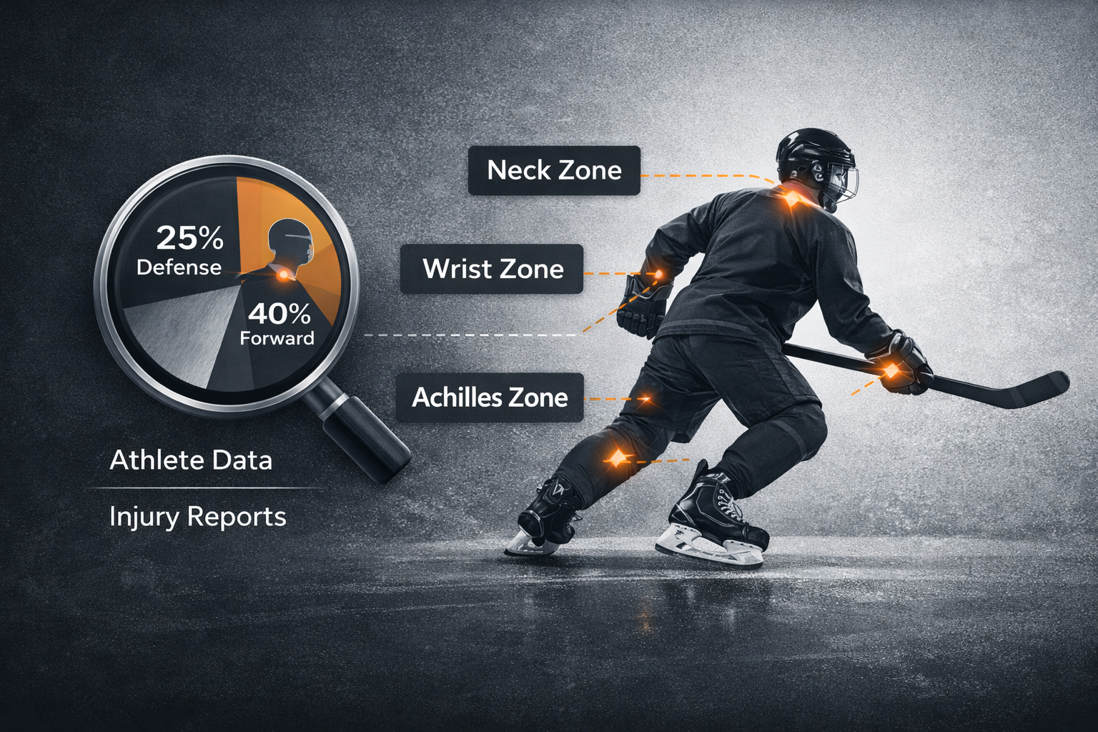 Illustration showing hockey injury data analysis highlighting neck, wrist, and Achilles cut-risk zones used to define targeted protection.