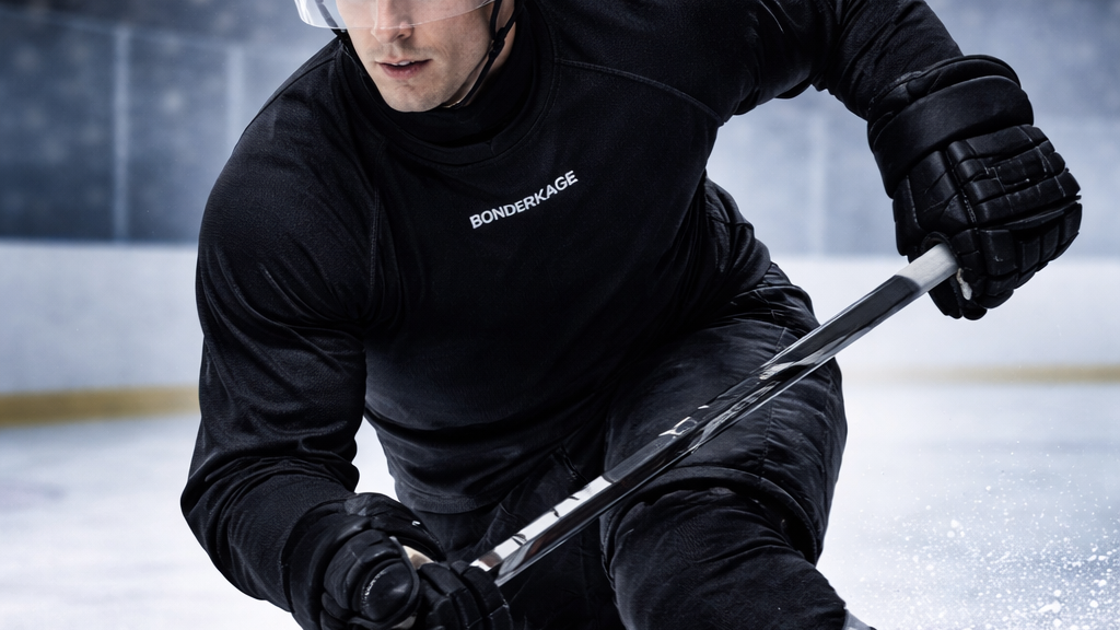 Hockey player wearing a Bonderkage cut-resistant base layer during on-ice play.