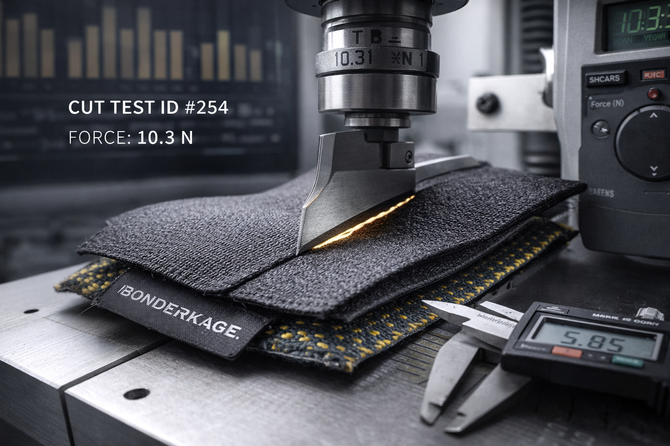 Laboratory blade test validating Bonderkage A9 cut-resistant fabric under controlled force to ensure consistent cut protection performance
